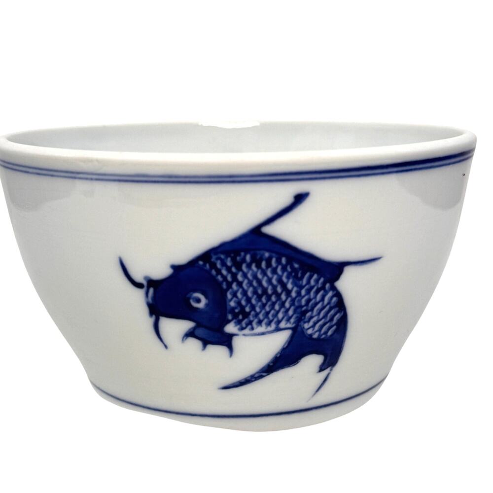VTG Asian Motif White Blue Bowl Ceramic Chinese Porcelain Koi Fish Hand Painted